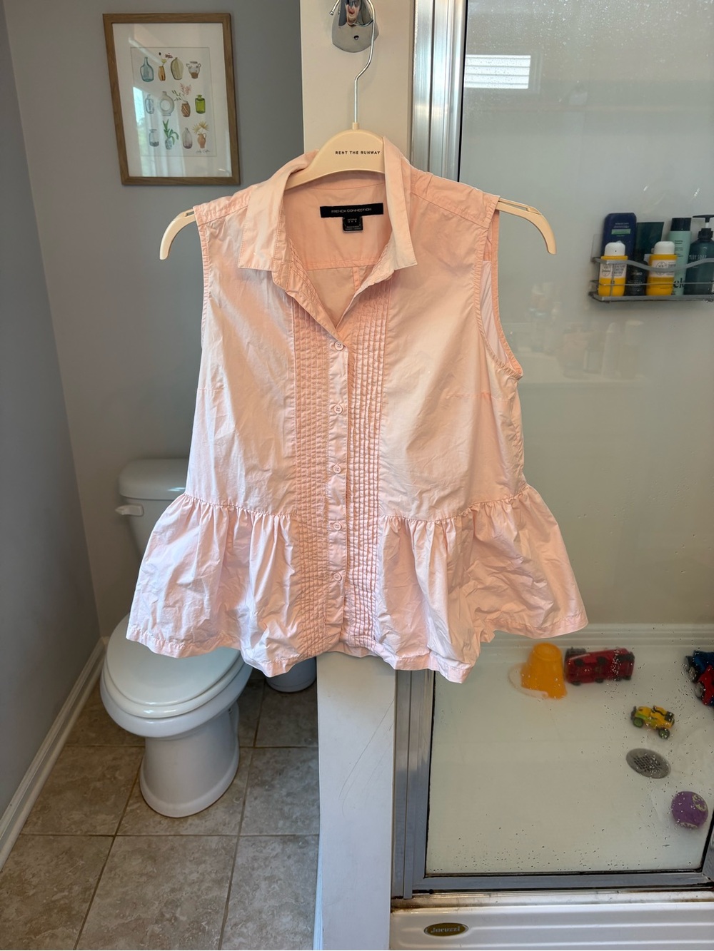 French Connection Women's 8 Pink Pintuck Peplum Button Front Sleeveless Blouse